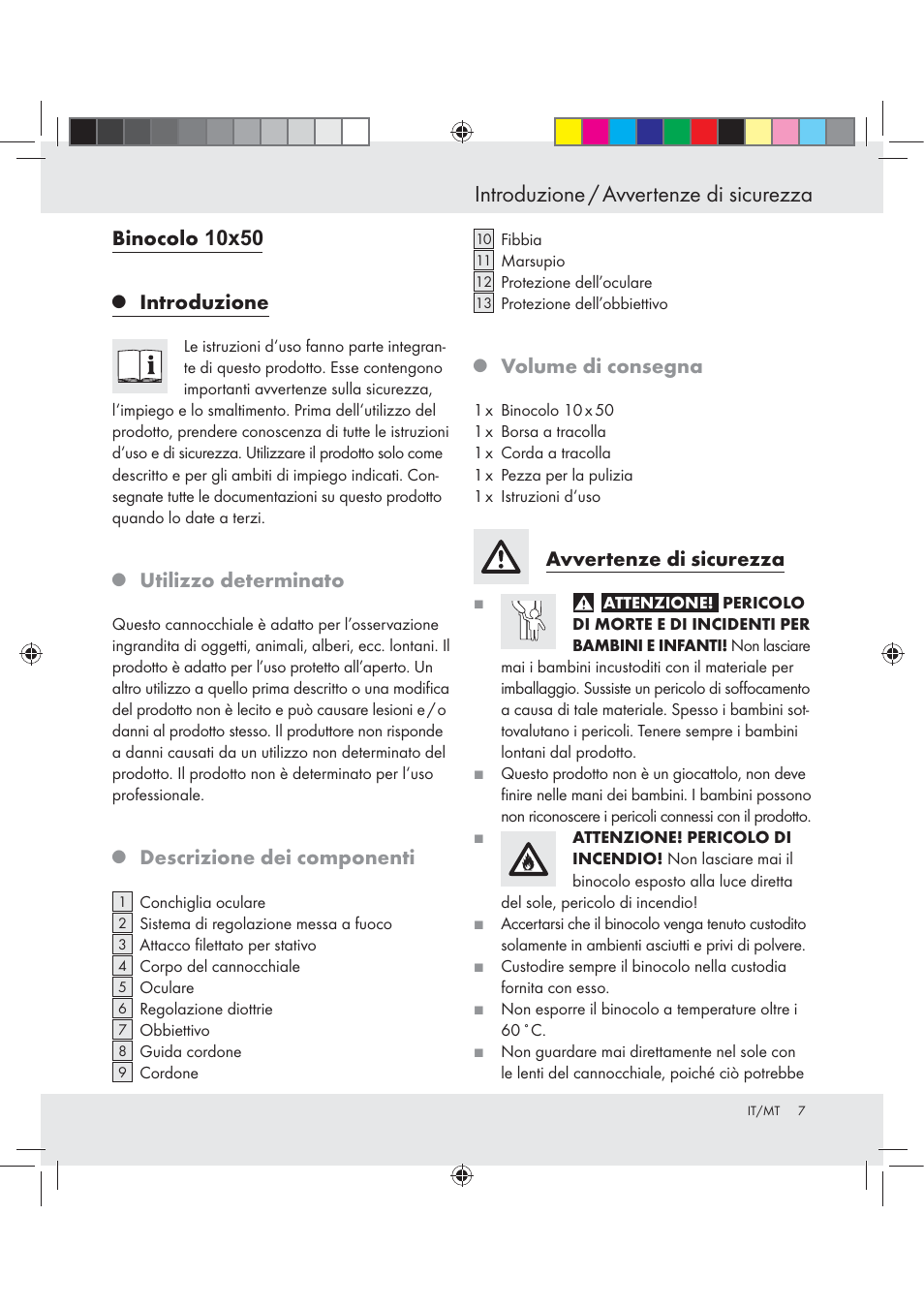Introduzione / avvertenze di sicurezza, Binocolo, Introduzione | Auriol  BINOCULARS 10x50 User Manual | Page 5 / 13