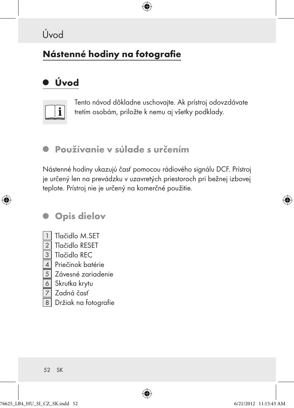 Úvod, Nástenné hodiny na fotografie, Používanie v súlade s určením | Auriol  Z29955A User Manual | Page 52 / 70 | Original mode