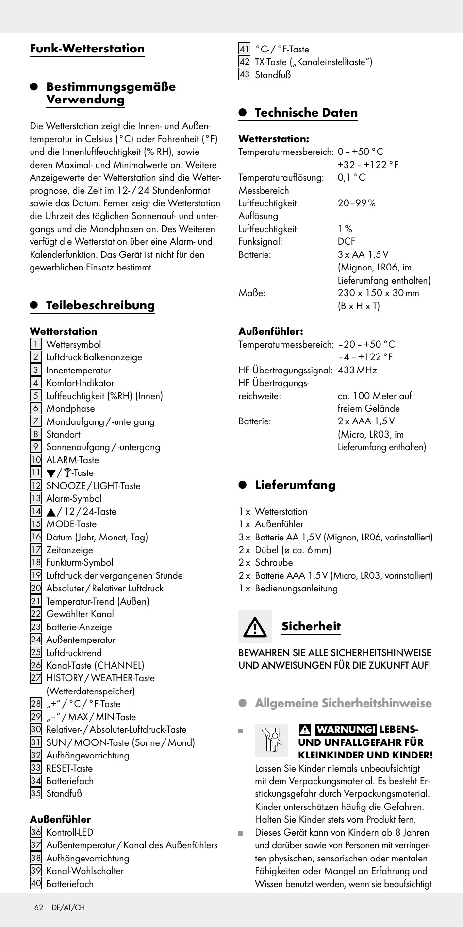 Funk-wetterstation bestimmungsgemäße verwendung, Teilebeschreibung,  Technische daten | Auriol Z31092 User Manual | Page 62 / 71