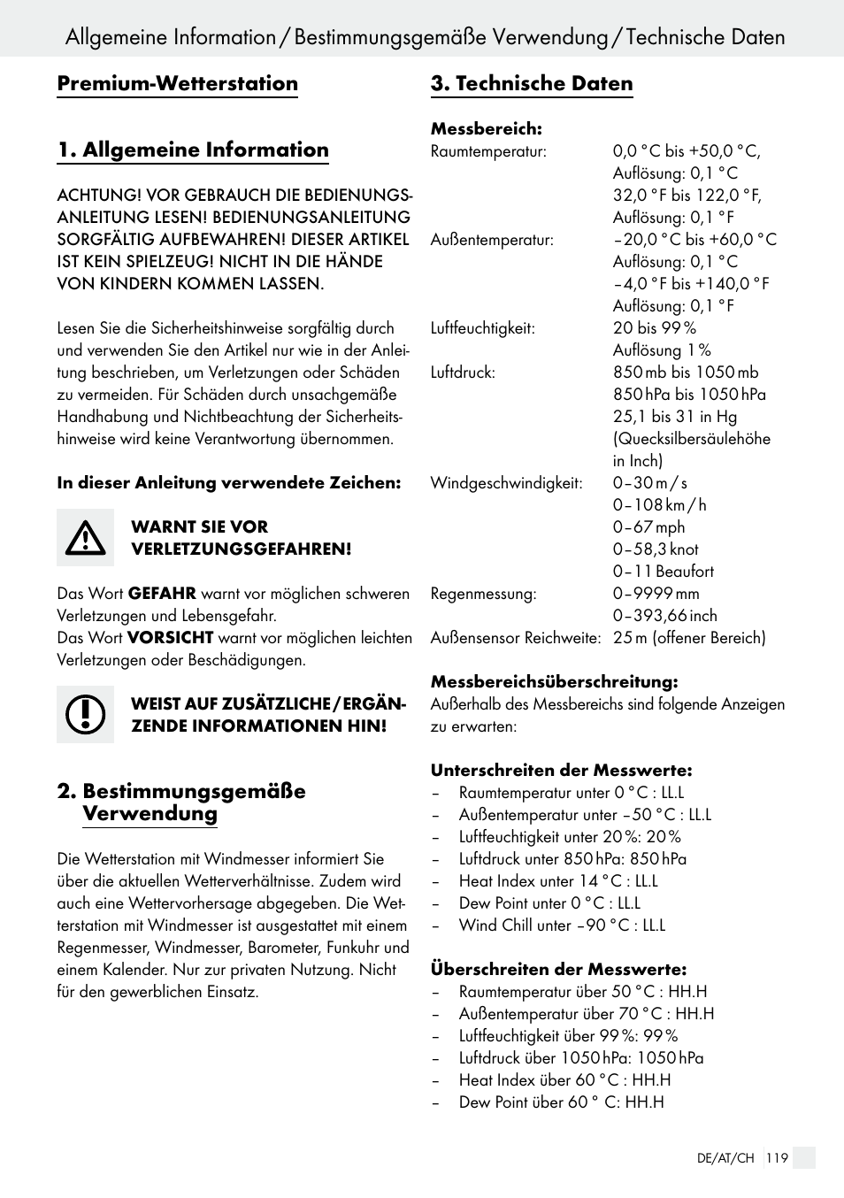 Premium-wetterstation 1. allgemeine information, Bestimmungsgemäße  verwendung, Technische daten | Auriol H13726 User Manual | Page 119 / 138