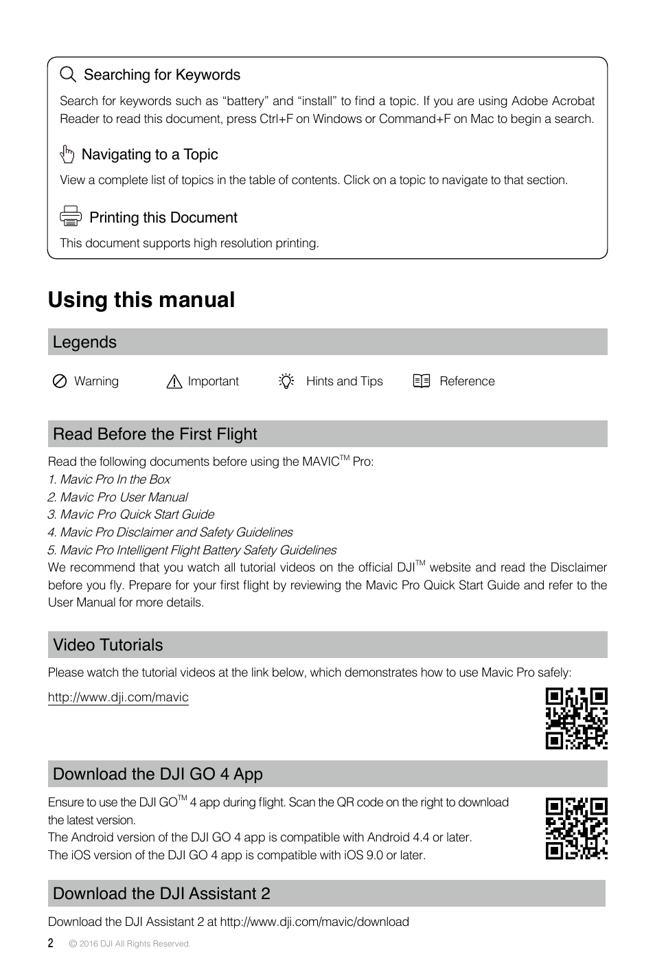 Using this manual, Legends, Read before the first flight | DJI Mavic Pro  User Manual | Page 2 / 60