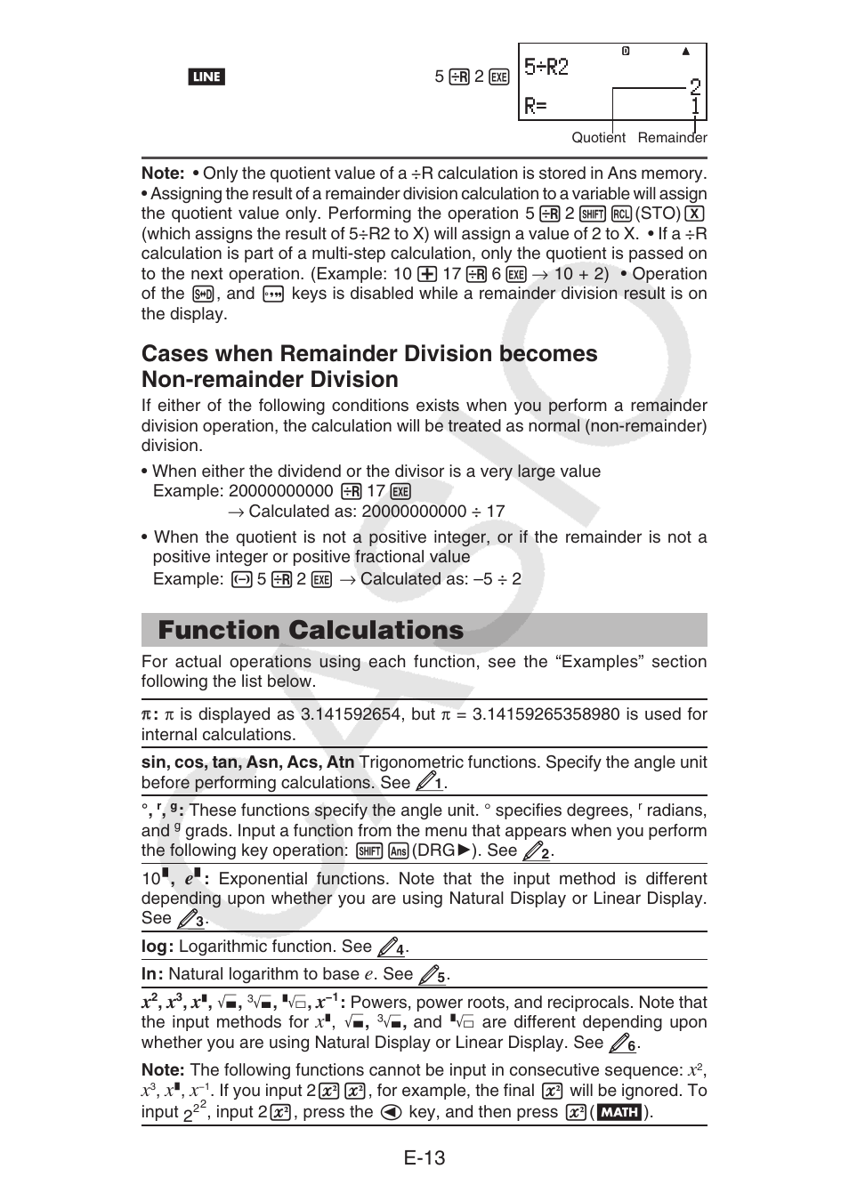 Function calculations, E-13 | Casio fx-92B Collège 2D+ User Manual | Page  14 / 31