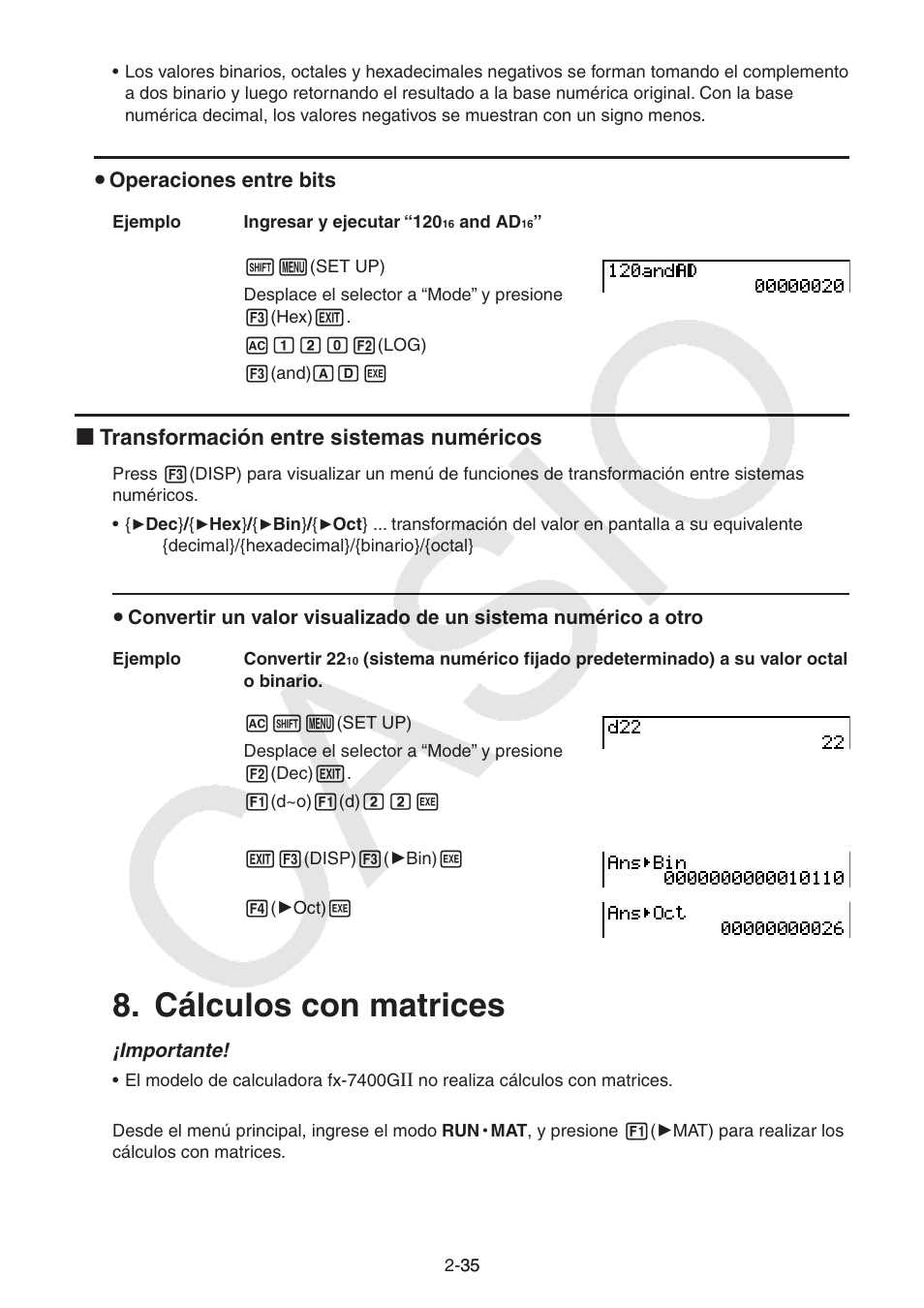 Cálculos con matrices, Cálculos con matrices -35, I transformación entre  sistemas numéricos | Casio FX-9750GII User Manual | Page 74 / 411 |  Original mode
