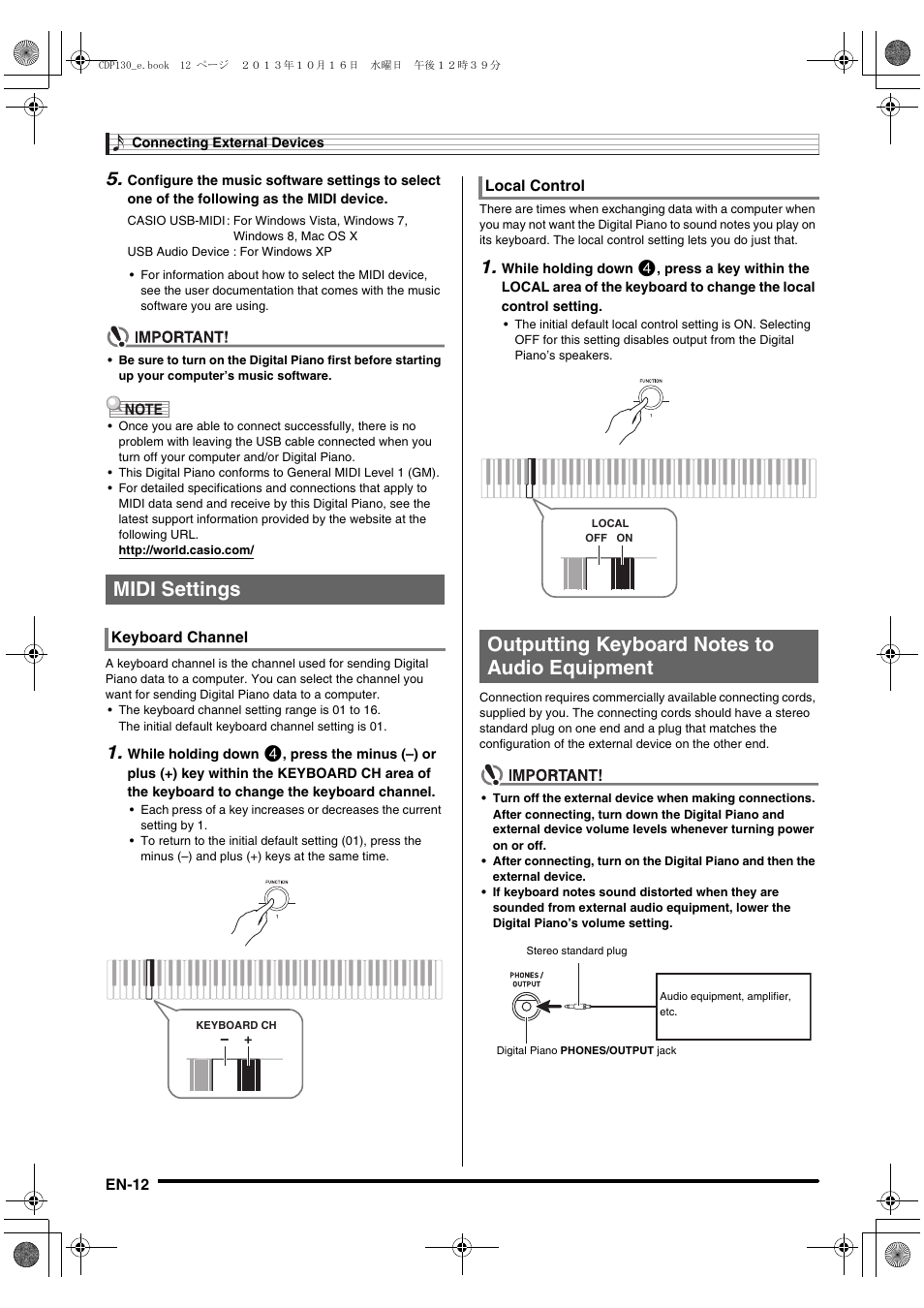 Midi settings | Casio CDP-130 User Manual | Page 14 / 20