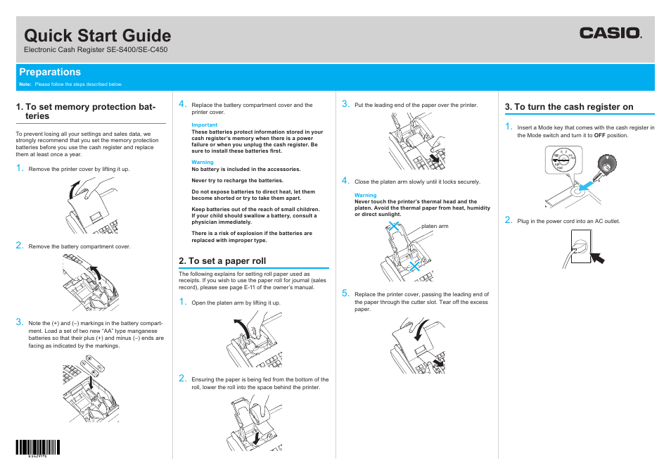 Casio SE-C450 Quick Start User Manual | 2 pages | Also for: SE-S400 Quick  Start