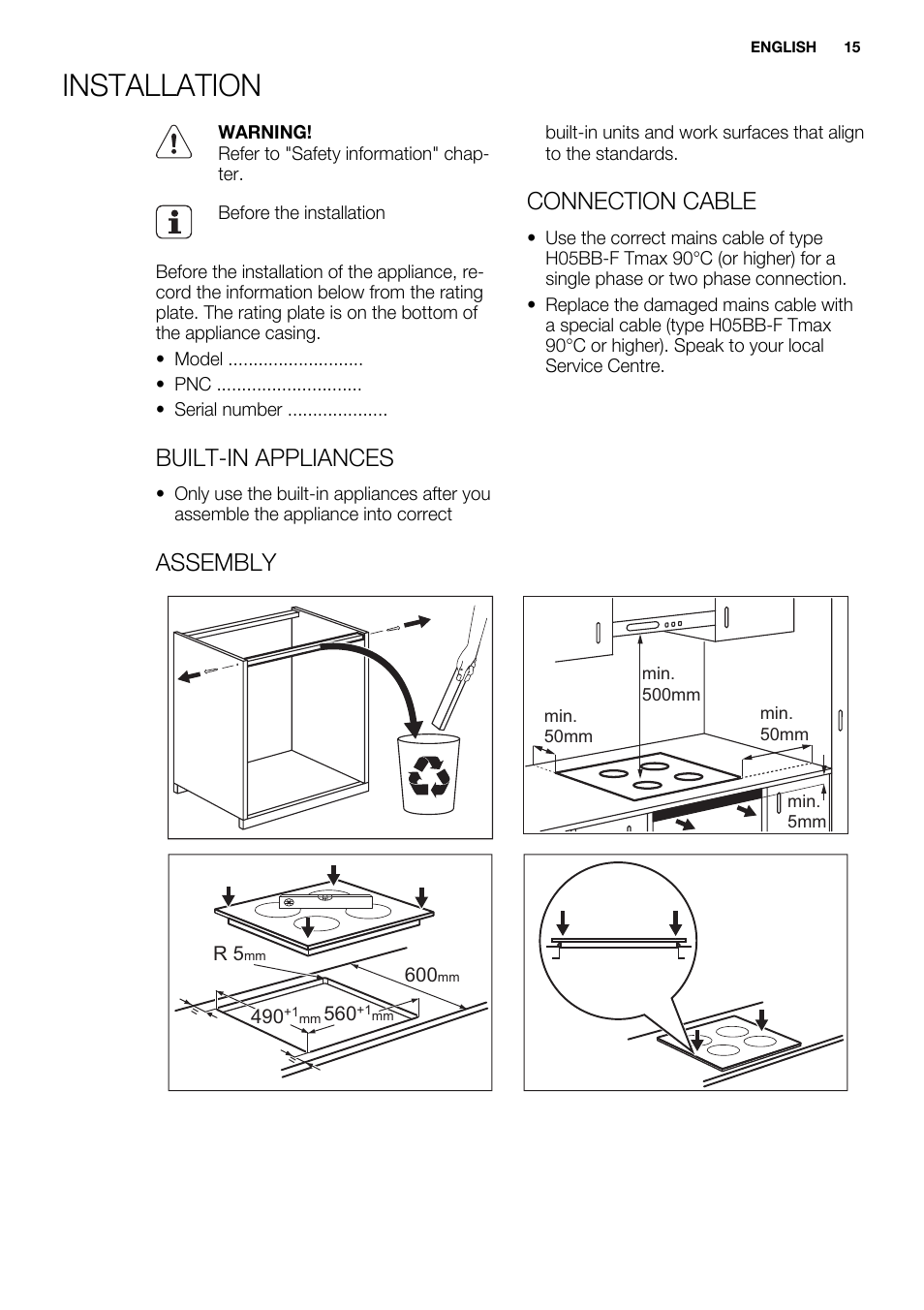 Installation, Built-in appliances, Connection cable | Electrolux EHH6540FOK  User Manual | Page 15 / 20