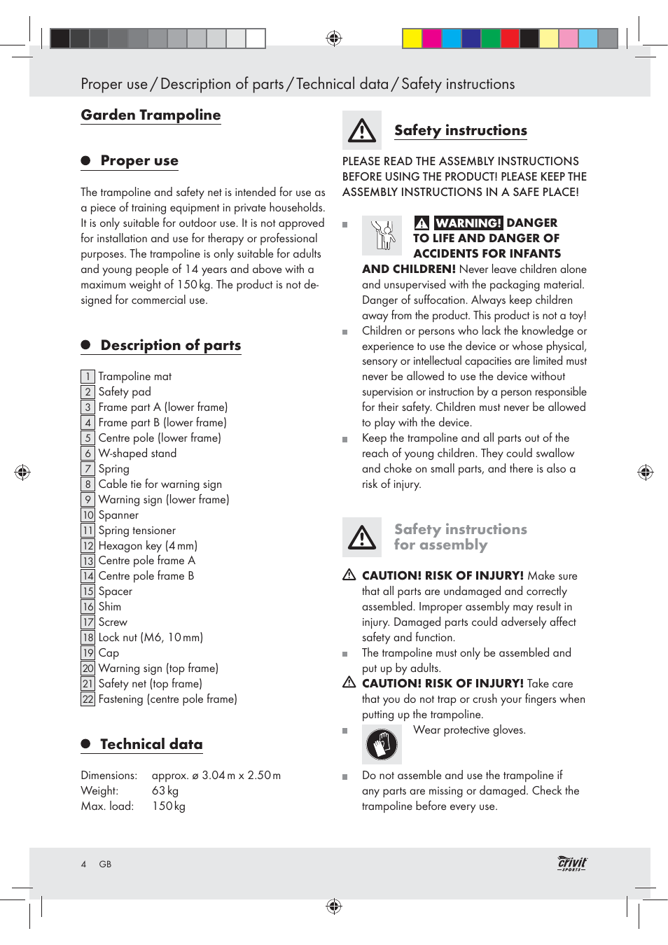 Garden trampoline proper use, Description of parts, Technical data | Crivit  Z30751 User Manual | Page 4 / 57 | Original mode