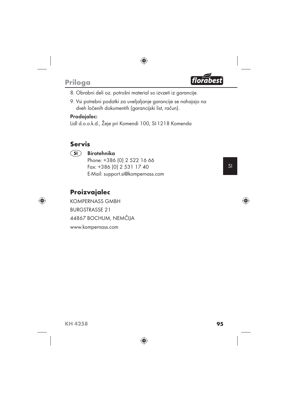 Priloga, Servis, Proizvajalec | Florabest KH 4258 User Manual | Page 97 /  170