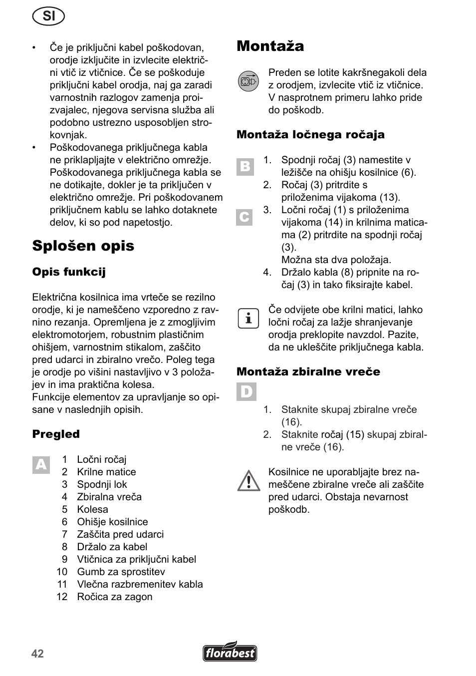 Splošen opis, Montaža | Florabest FRM 1200 A5 User Manual | Page 42 / 90 |  Original mode
