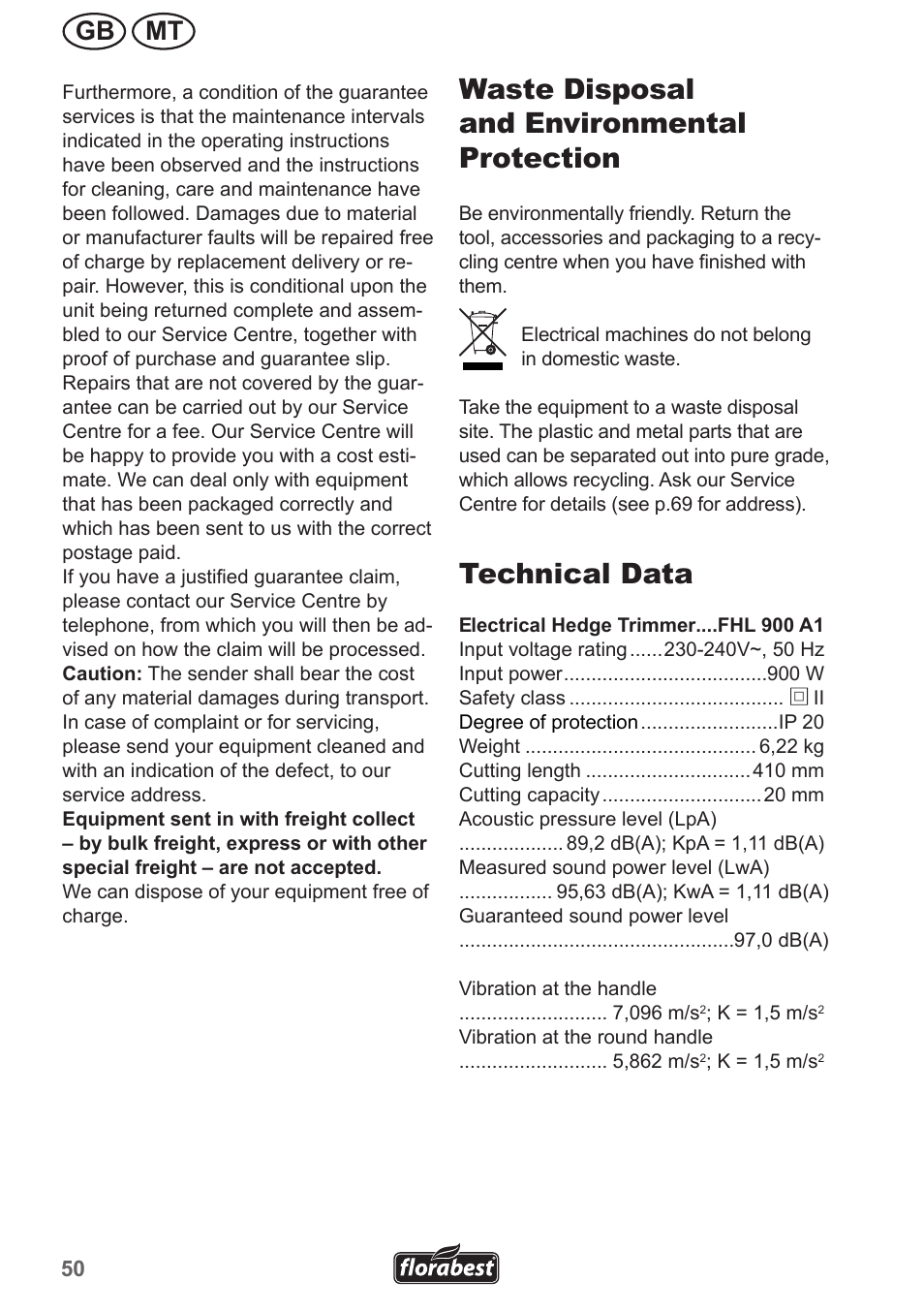 Waste disposal and environmental protection, Technical data, Gb mt | Florabest  FHL 900 A1 User Manual | Page 50 / 70 | Original mode
