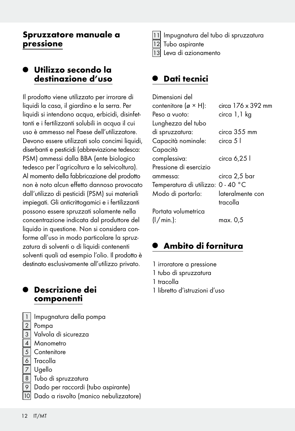 Spruzzatore manuale a pressione, Utilizzo secondo la destinazione d'uso,  Descrizione dei componenti | Florabest Z31339 User Manual | Page 12 / 35