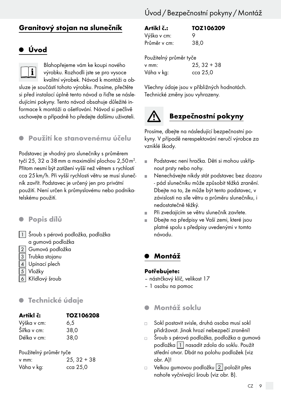 Úvod / bezpečnostní pokyny / montáž, Granitový stojan na slunečník úvod,  Použití ke stanovenému účelu | Florabest 85897KASR /Q User Manual | Page 9  / 15 | Original mode
