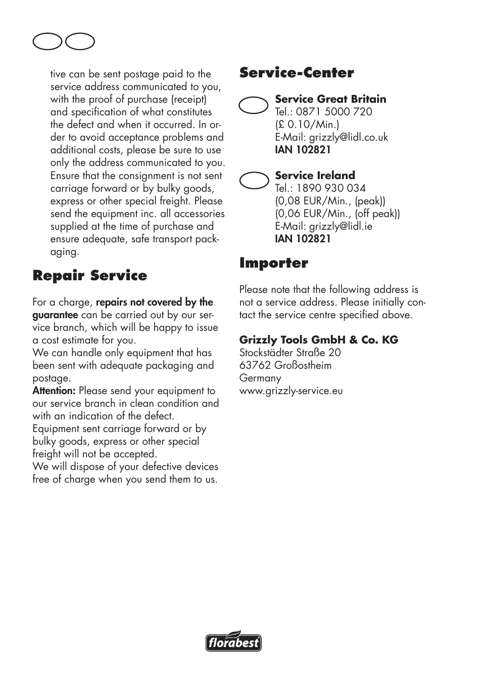 Repair service, Service-center, Importer | Florabest FLV 1200 A1 User  Manual | Page 18 / 72 | Original mode