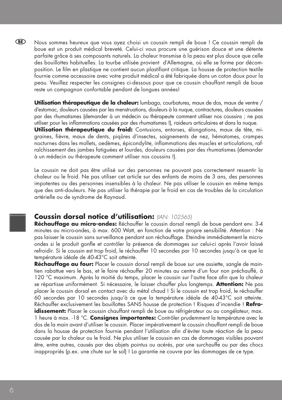 Coussin dorsal notice d'utilisation | Sensiplast BACK CUSHION User Manual |  Page 6 / 12