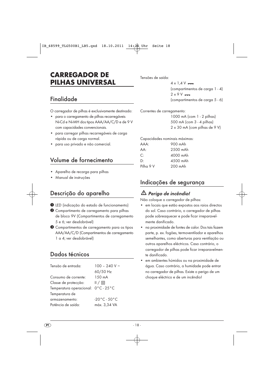Carregador de pilhas universal, Finalidade, Volume de fornecimento | Tronic  TLG 500 B1 User Manual | Page 20 / 42