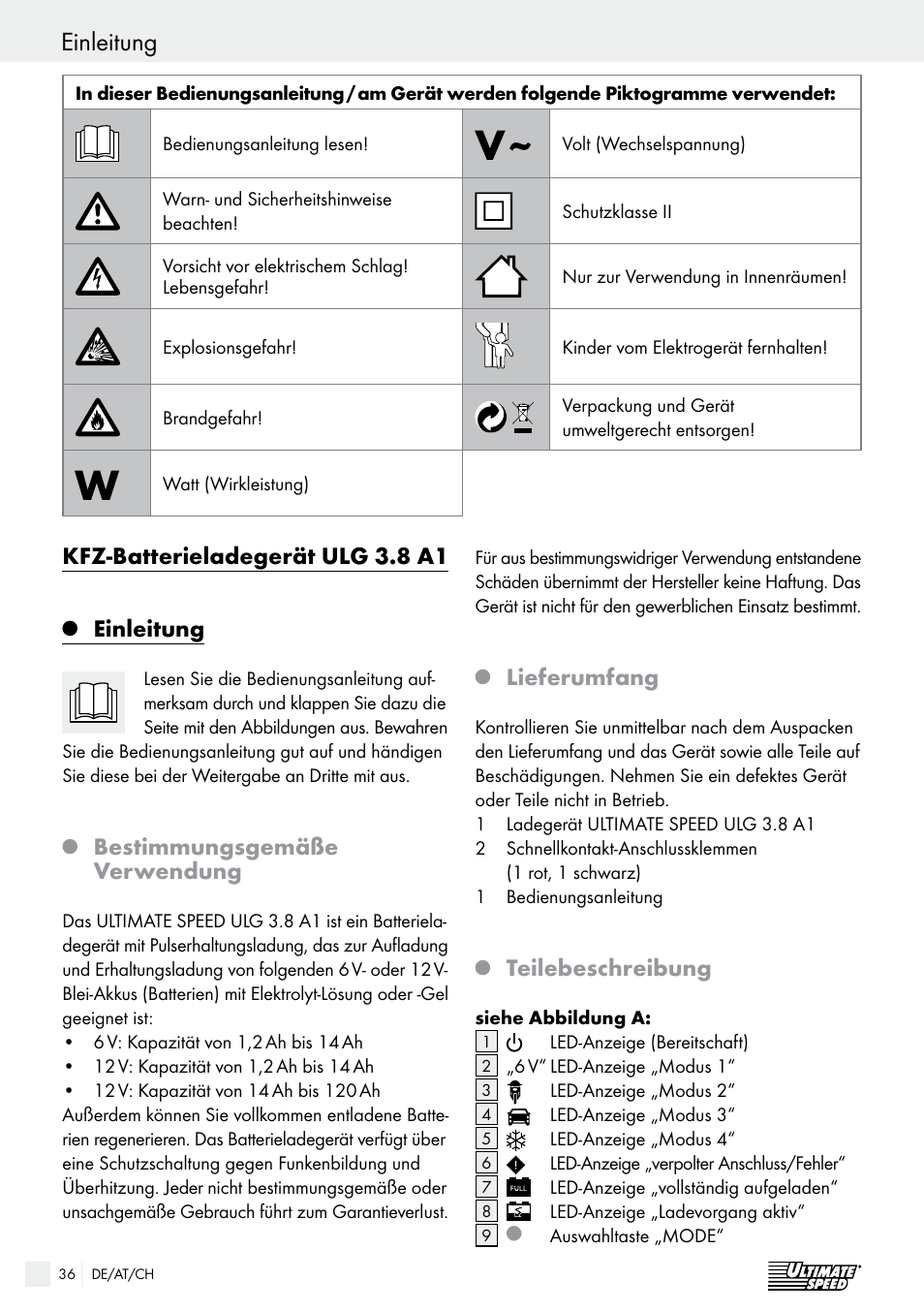Einleitung / sicherheit einleitung, Kfz-batterieladegerät ulg 3.8 a1,  Einleitung | Ultimate Speed ULG 3.8 A1 User Manual | Page 36 / 44
