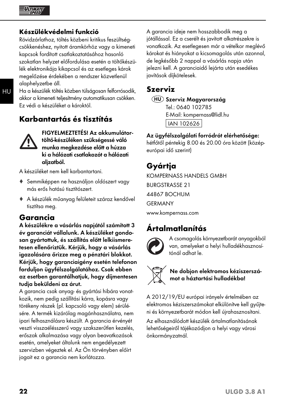 Karbantartás és tisztítás, Garancia, Szerviz | Ultimate Speed ULGD 3.8 A1  User Manual | Page 25 / 51