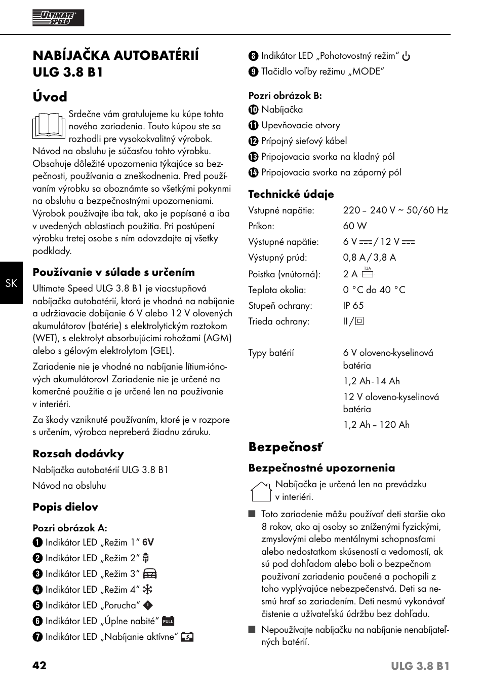 Nabíjačka autobatérií ulg 3.8 b1 úvod, Bezpečnosť | Ultimate Speed ULG 3.8  B1 User Manual | Page 45 / 60