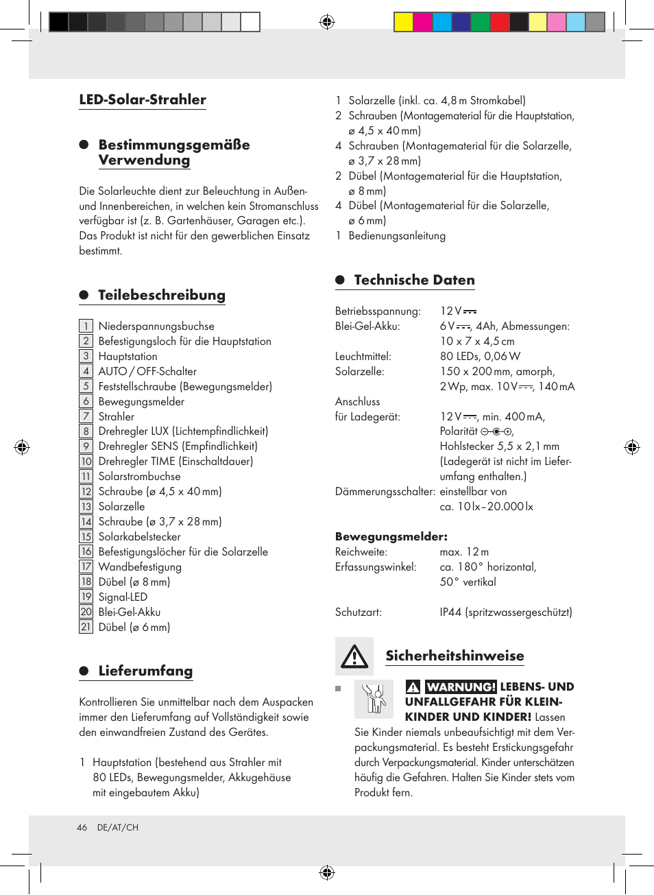 Led-solar-strahler bestimmungsgemäße verwendung, Teilebeschreibung,  Lieferumfang | Livarno Z31171 User Manual | Page 46 / 54 | Original mode