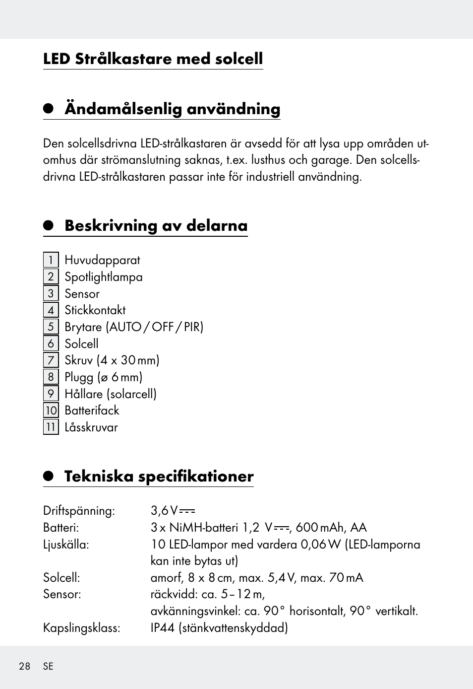 Beskrivning av delarna, Tekniska specifikationer | Livarno Z31999 User  Manual | Page 28 / 84 | Original mode
