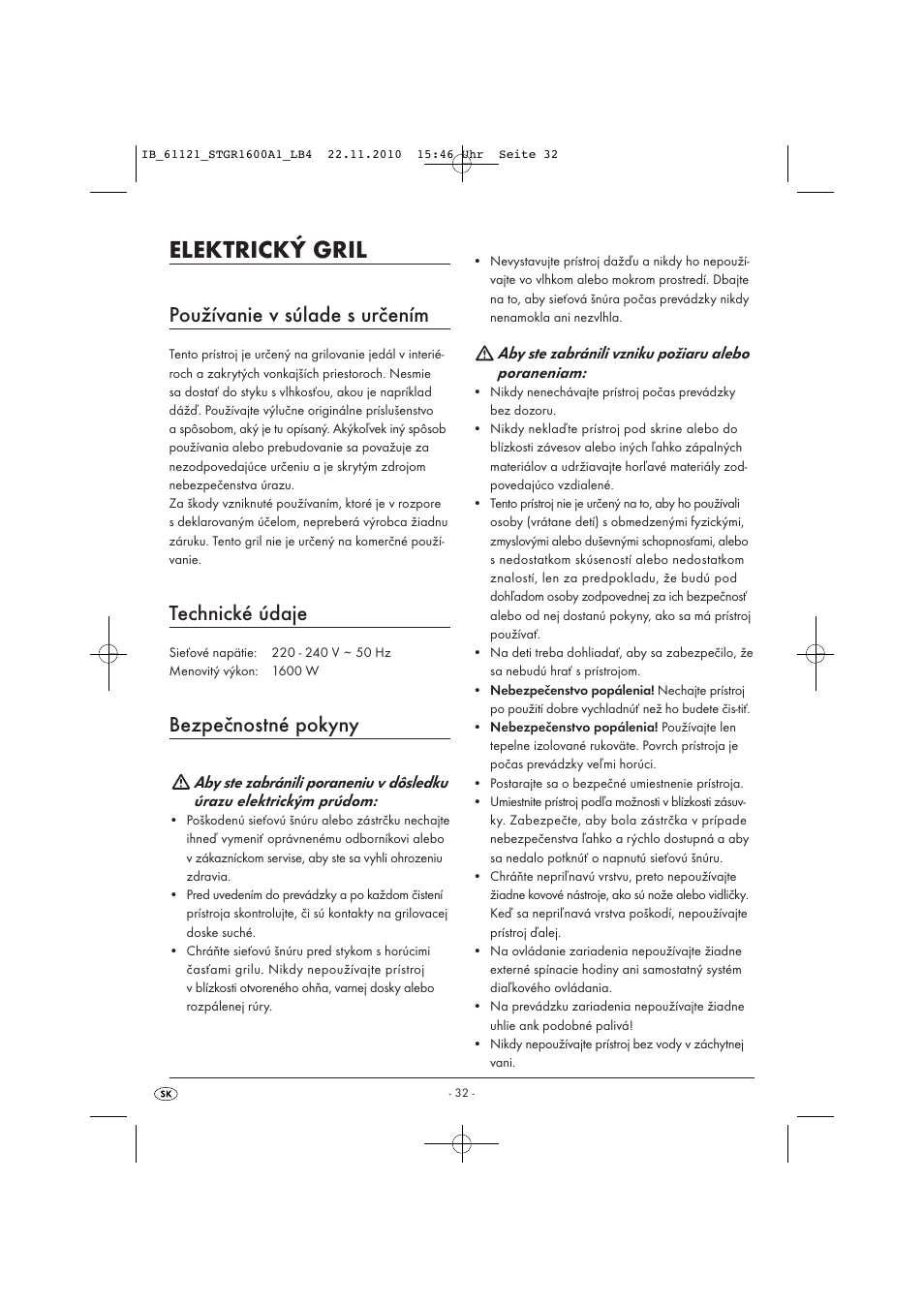 Elektrický gril, Používanie v súlade s určením, Technické údaje |  Silvercrest STGR 1600 A1 User Manual | Page 34 / 44 | Original mode