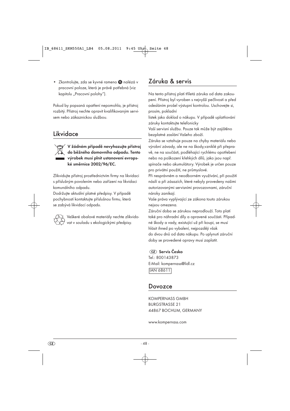 Likvidace, Záruka & servis, Dovozce | Silvercrest SKM 550 A1 User Manual |  Page 50 / 72
