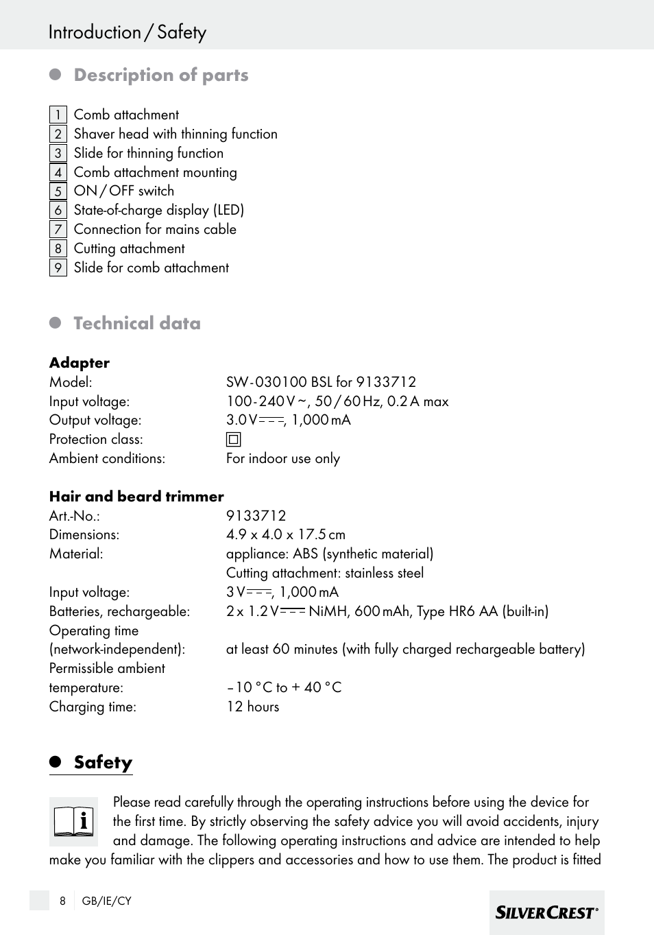 Introduction / safety, Description of parts, Technical data | Silvercrest  SHBS 600 A1 User Manual | Page 8 / 33 | Original mode