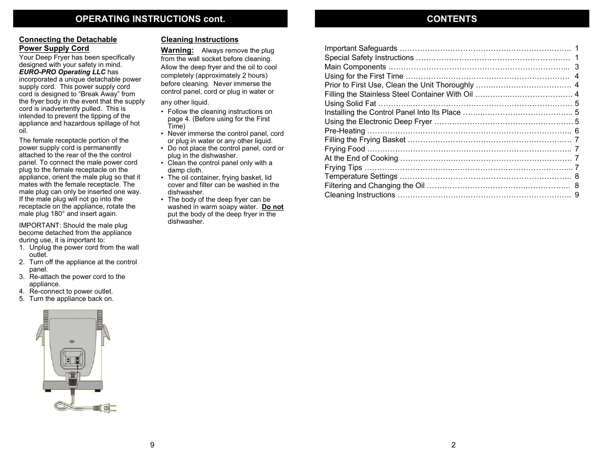 Operating instructions cont. contents | Euro-Pro ELECTRONIC DEEP FRYER  F1066 User Manual | Page 3 / 6