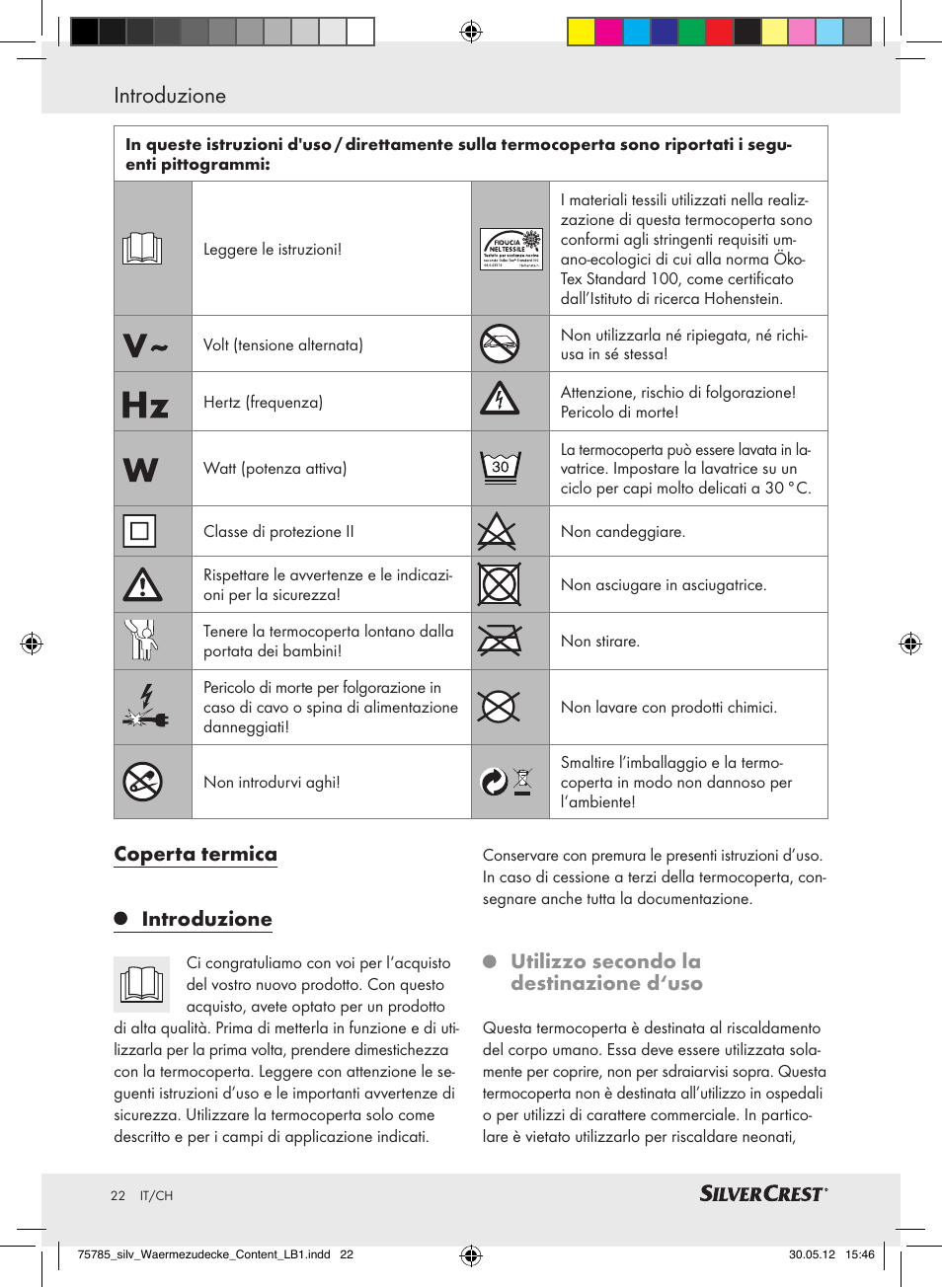 Coperta termica introduzione, Utilizzo secondo la destinazione d'uso |  Silvercrest SWD 100 A2 User Manual | Page 22 / 44 | Original mode