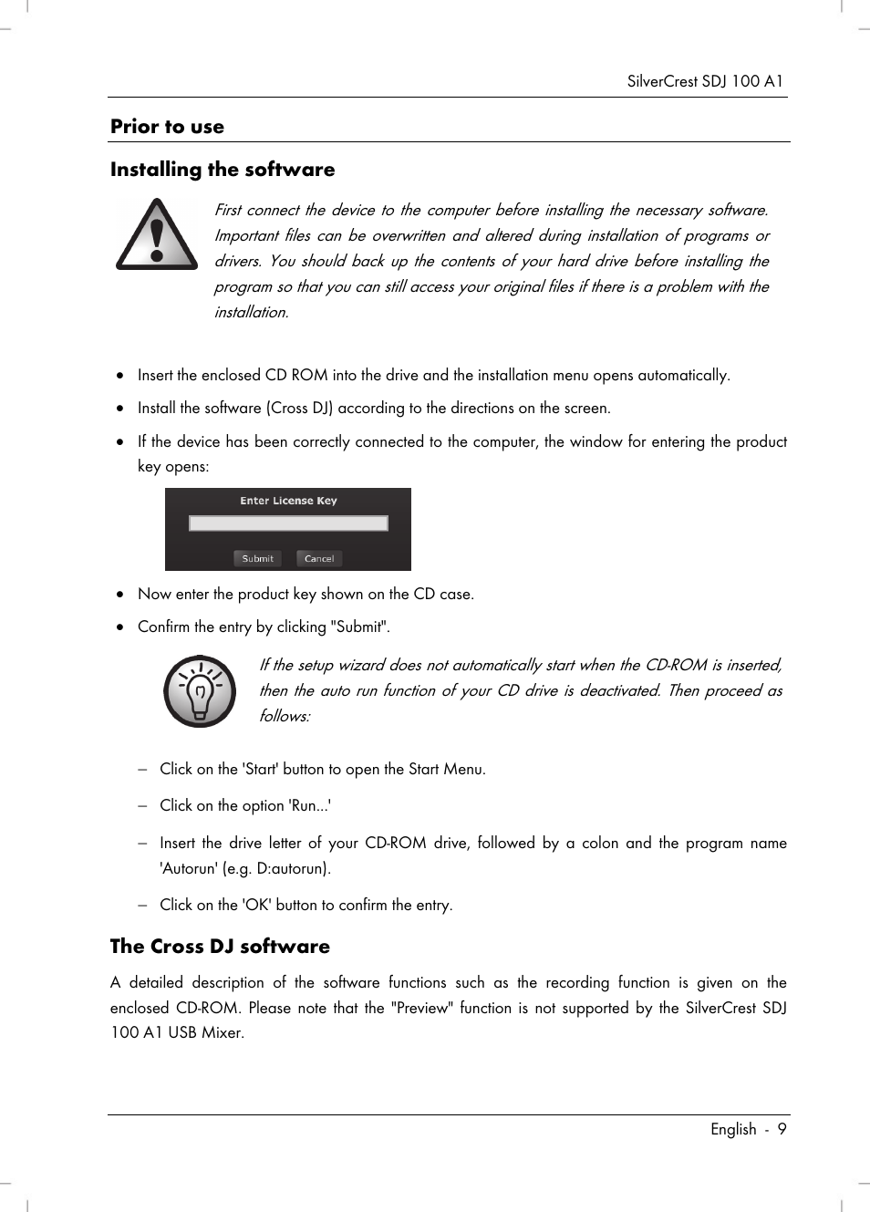 Prior to use installing the software, The cross dj software | Silvercrest  SDJ 100 A1 User Manual | Page 11 / 90
