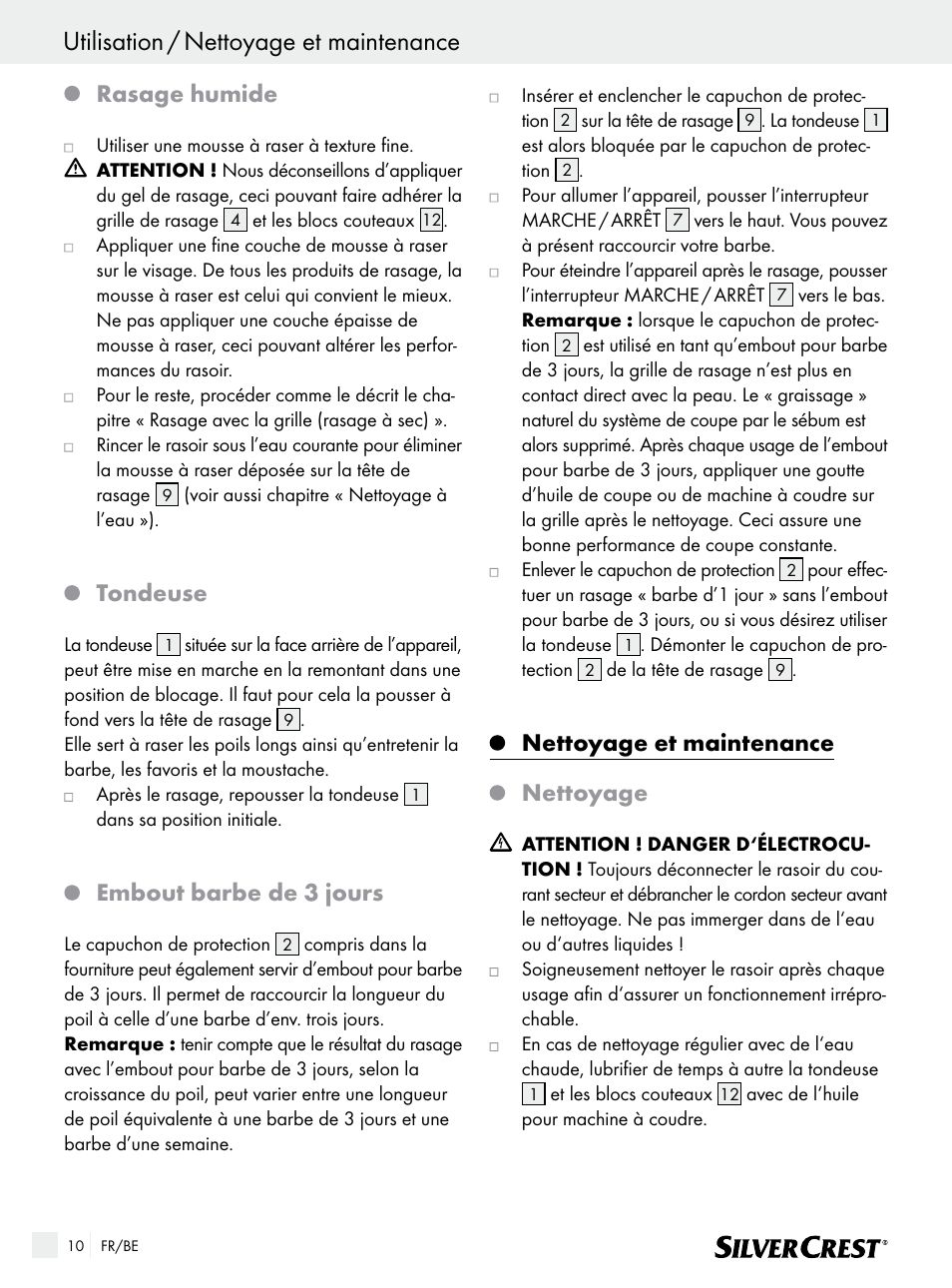 Utilisation / nettoyage et maintenance, Rasage humide, Tondeuse | Silvercrest  SFR 1200 A1 User Manual | Page 10 / 45
