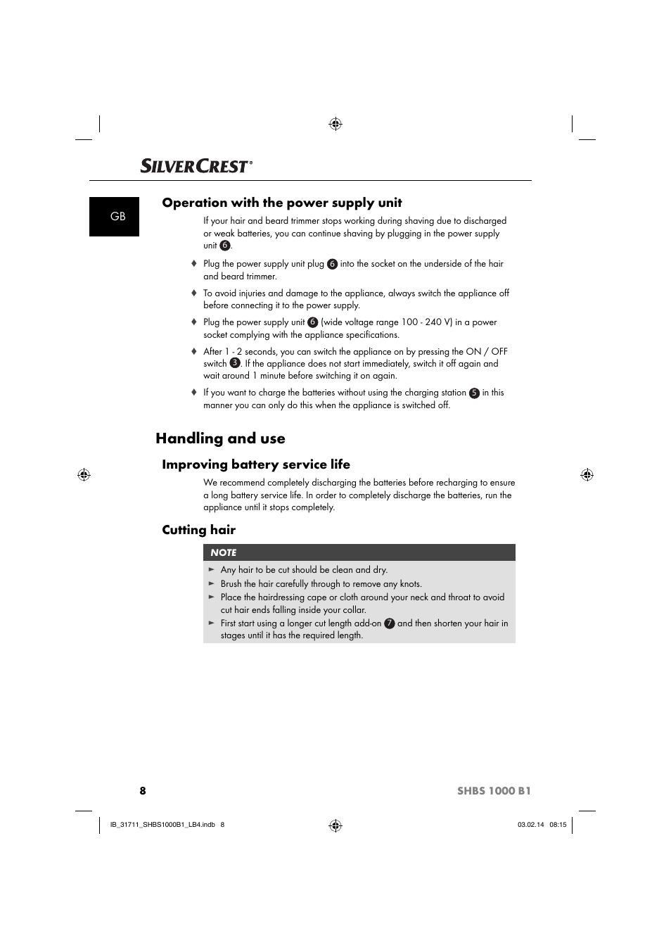 Handling and use, Operation with the power supply unit, Improving battery  service life | Silvercrest SHBS 1000 A1 User Manual | Page 11 / 102