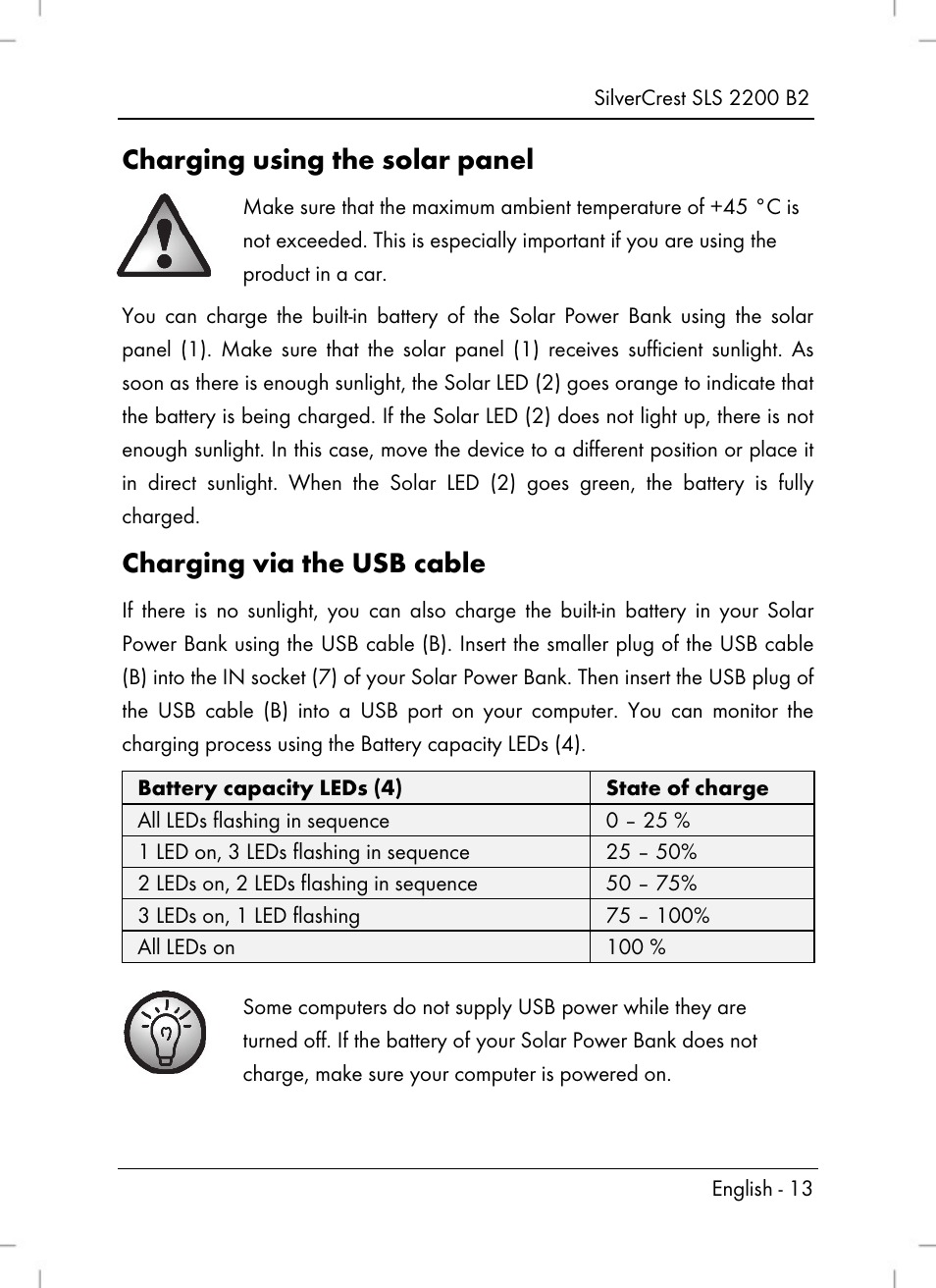 Charging using the solar panel, Charging via the usb cable | Silvercrest  SLS 2200 B2 User Manual | Page 15 / 106