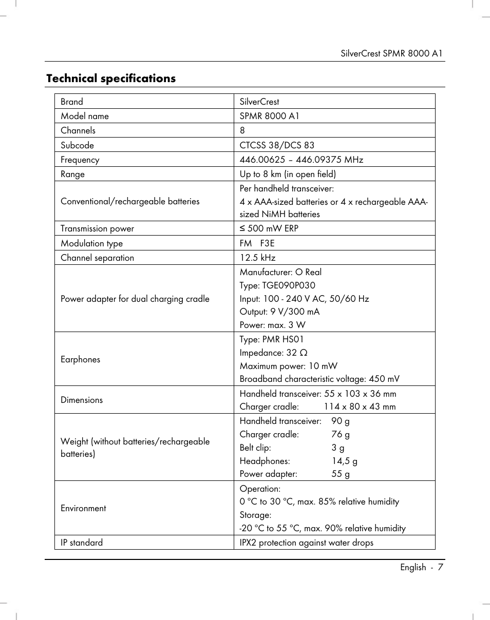Technical specifications | Silvercrest SPMR 8000 A1 User Manual ...