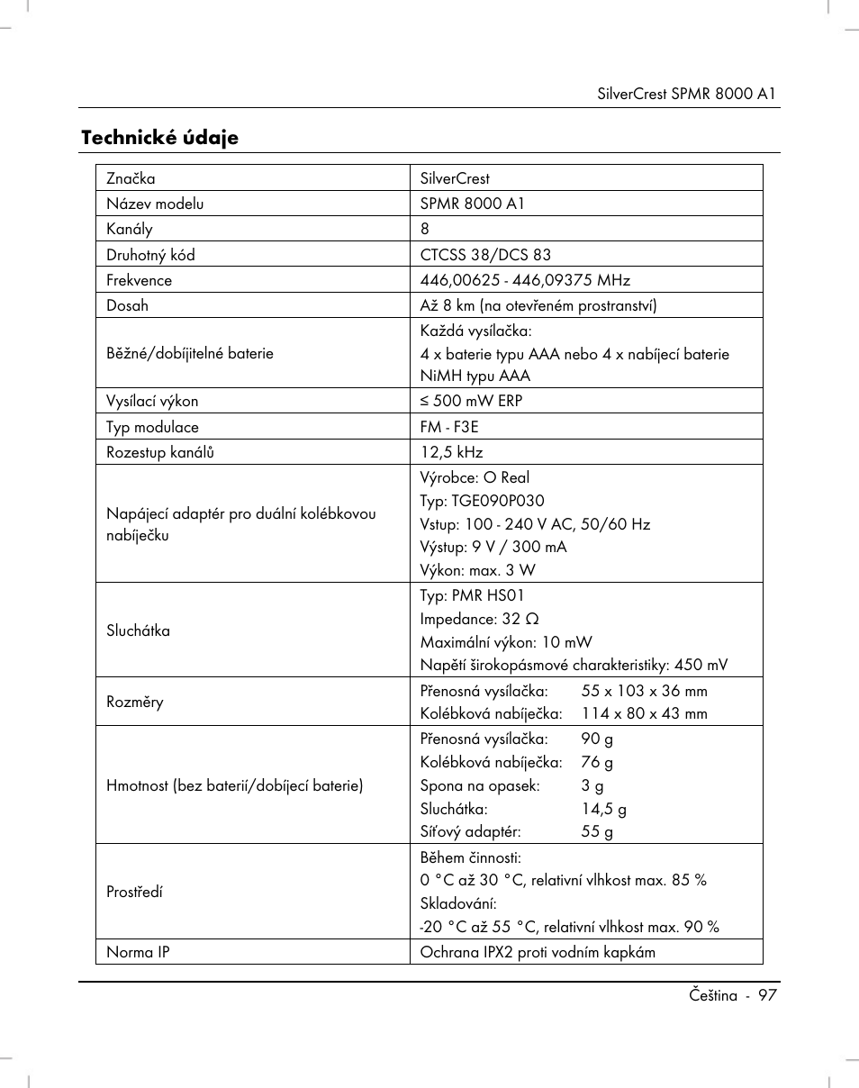 Technické údaje | Silvercrest SPMR 8000 A1 User Manual | Page 99 ...