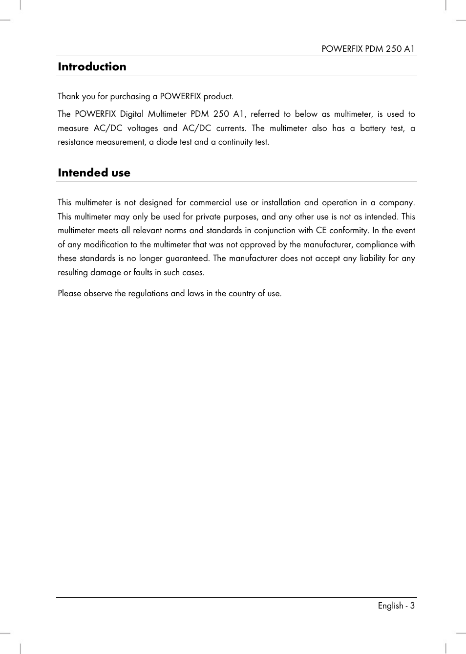 Introduction, Intended use | Powerfix PDM 250 A1 User Manual | Page 5 / 108