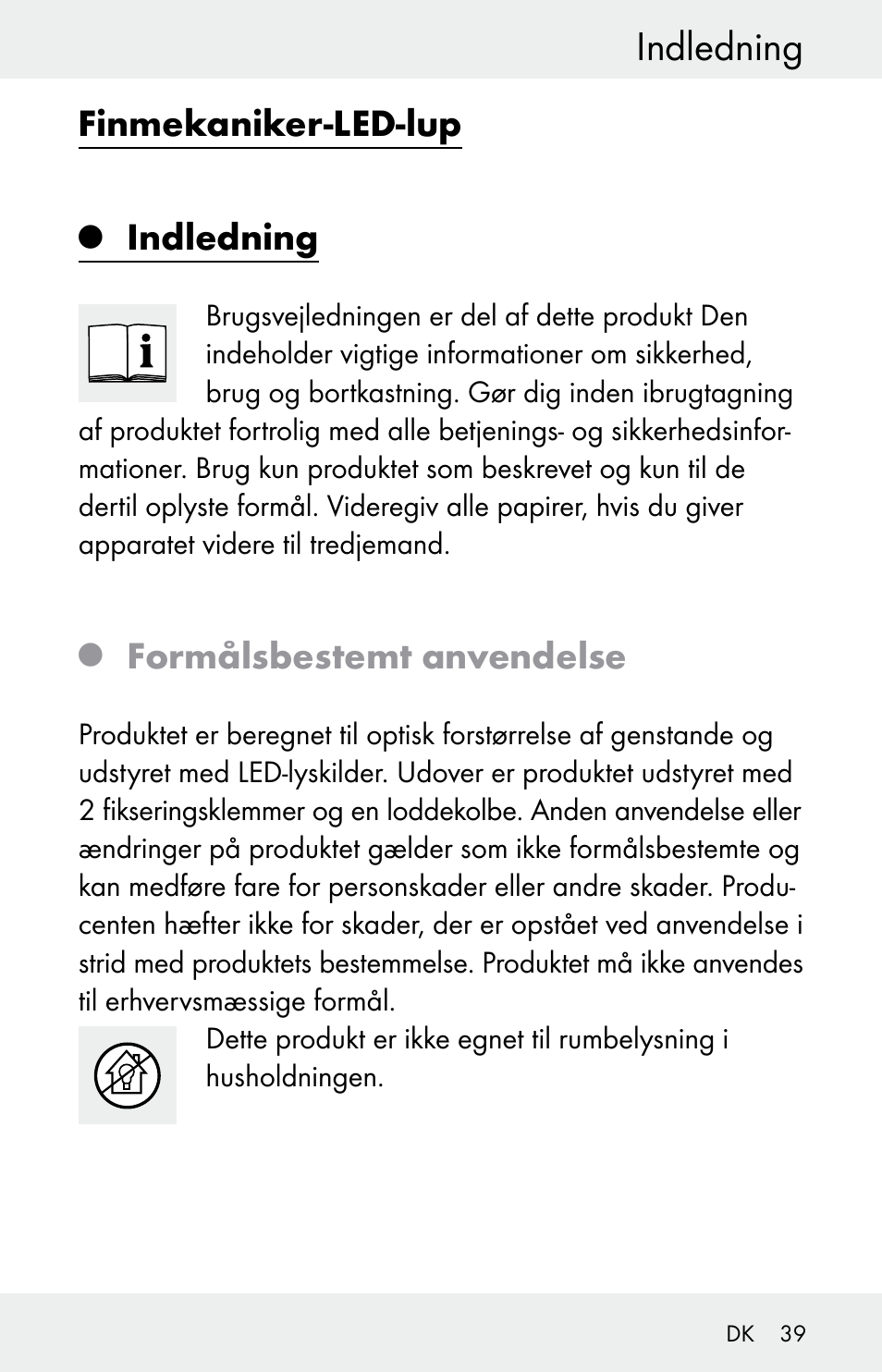 Indledning, Finmekaniker-led-lup, Formålsbestemt anvendelse | Powerfix  Z30225 User Manual | Page 39 / 84 | Original mode