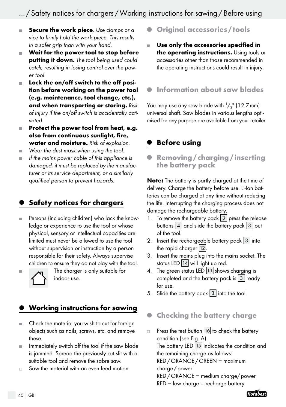 Safety notices for chargers, Working instructions for sawing, Original  accessories / tools | Powerfix FAAS 10.8 A1 User Manual | Page 40 / 44 |  Original mode