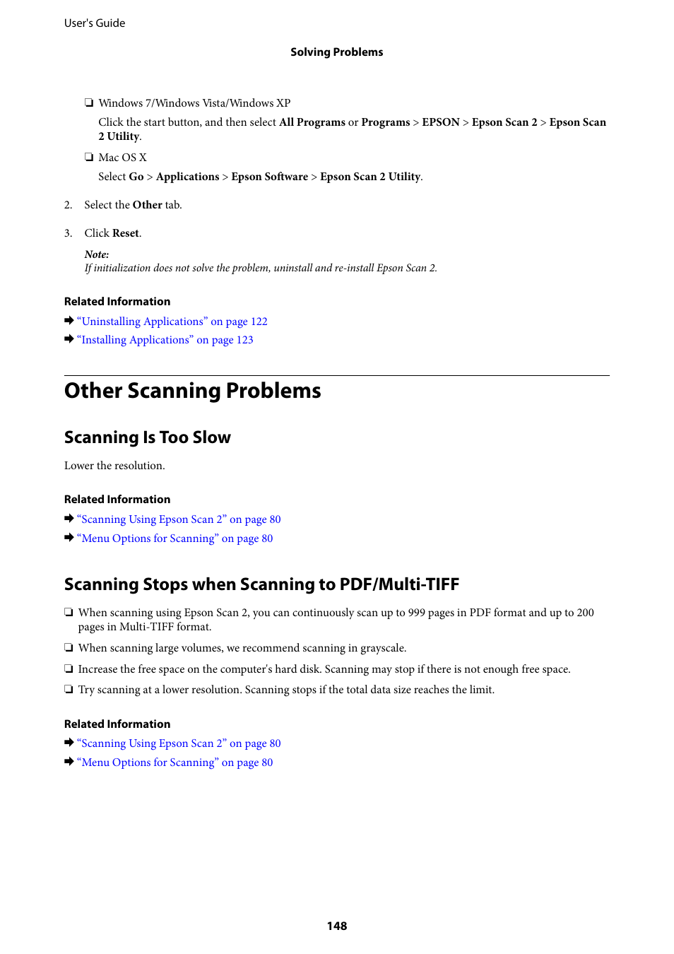 Other scanning problems, Scanning is too slow, Scanning stops when scanning  to pdf/multi-tiff | Epson Expression Home XP-342 User Manual | Page 148 /  162