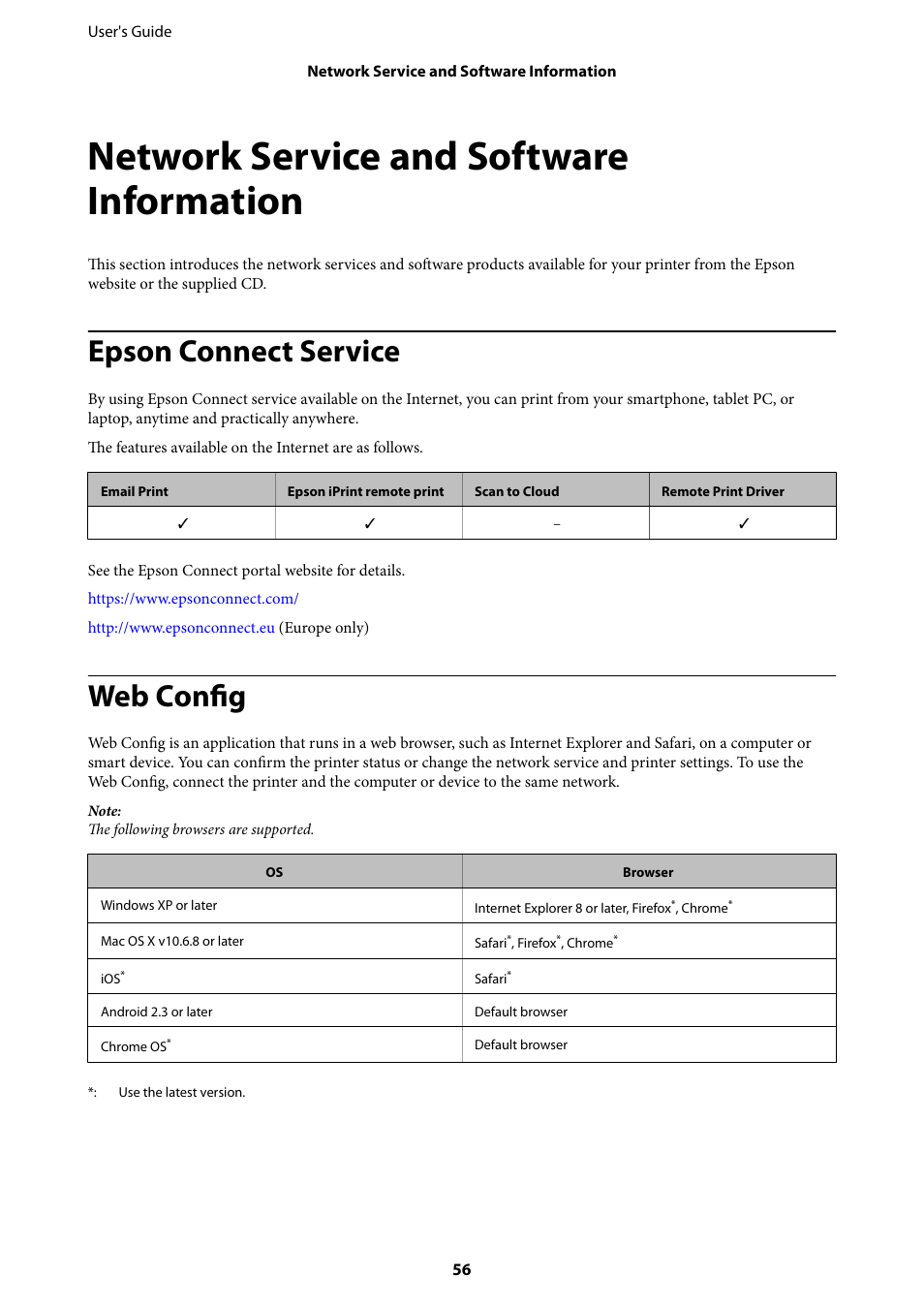 Network service and software information, Epson connect service, Web config  | Epson L805 User Manual | Page 56 / 93 | Original mode