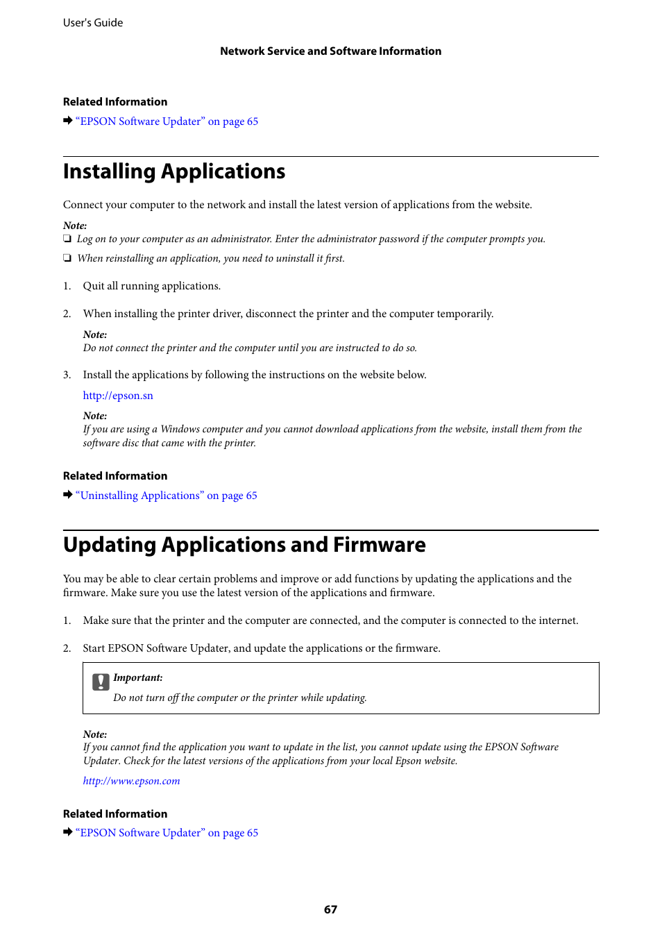 Installing applications, Updating applications and firmware | Epson L805  User Manual | Page 67 / 93 | Original mode