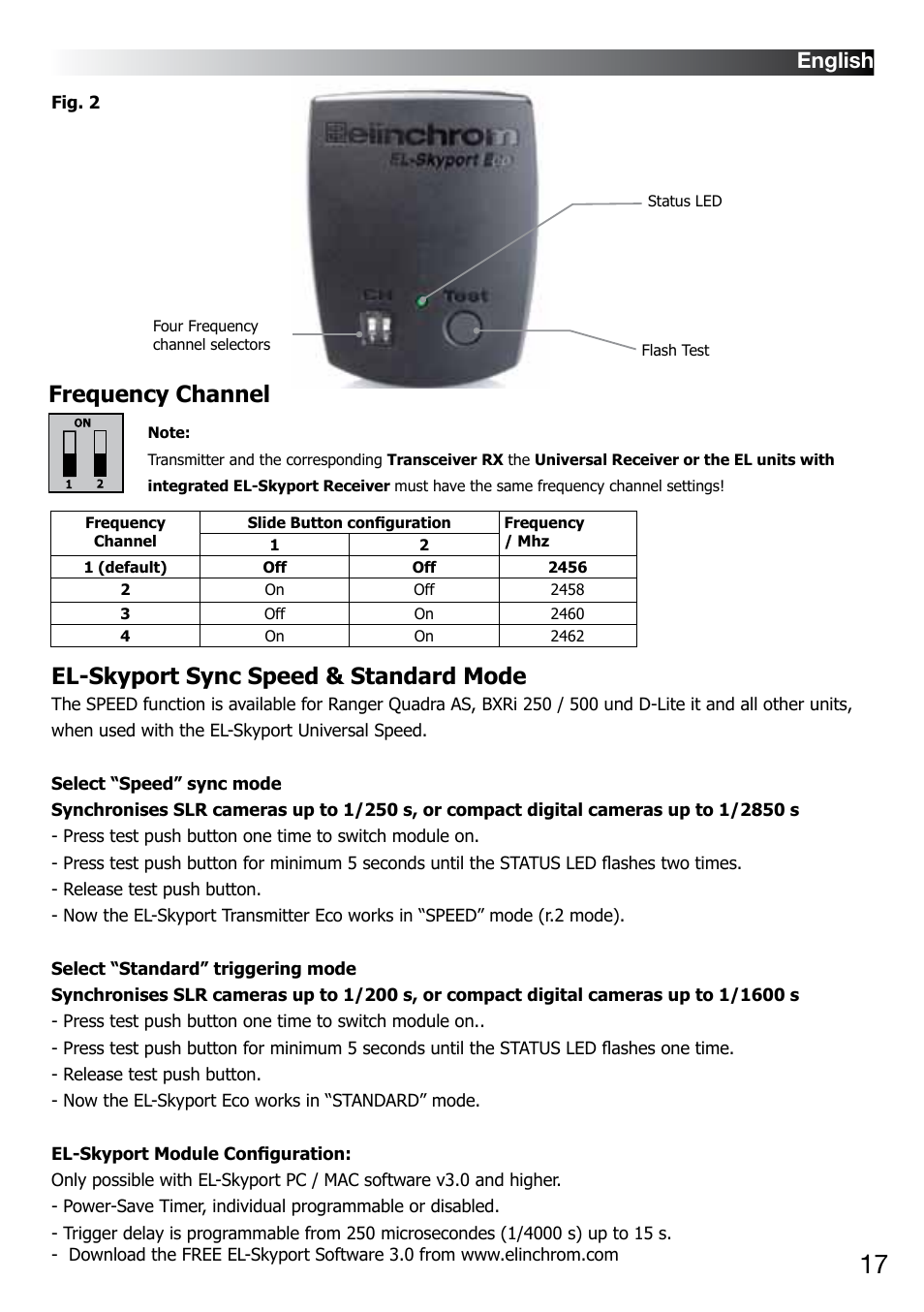 Frequency channel, El-skyport sync speed & standard mode, English | Elinchrom  D-LITE 2 IT User Manual | Page 18 / 125 | Original mode