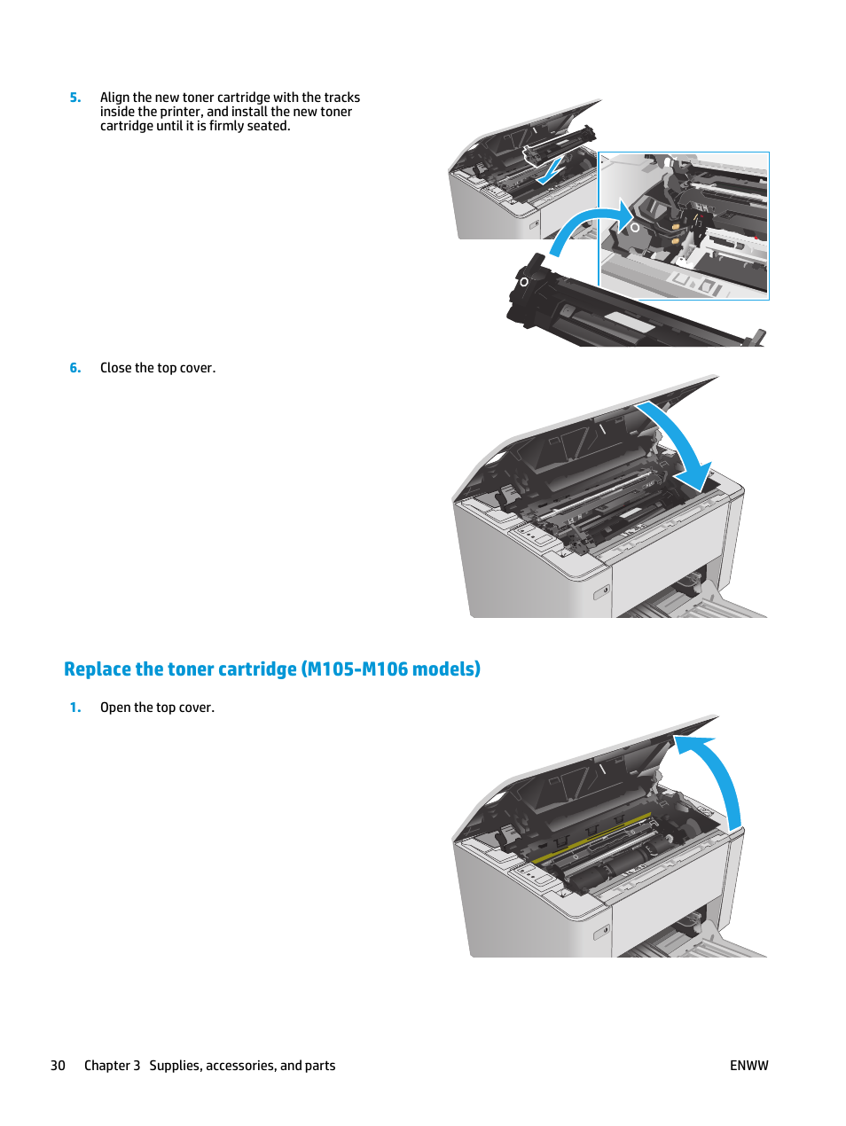 Replace the toner cartridge (m105-m106 models) | HP LaserJet Ultra M106w  User Manual | Page 40 / 110