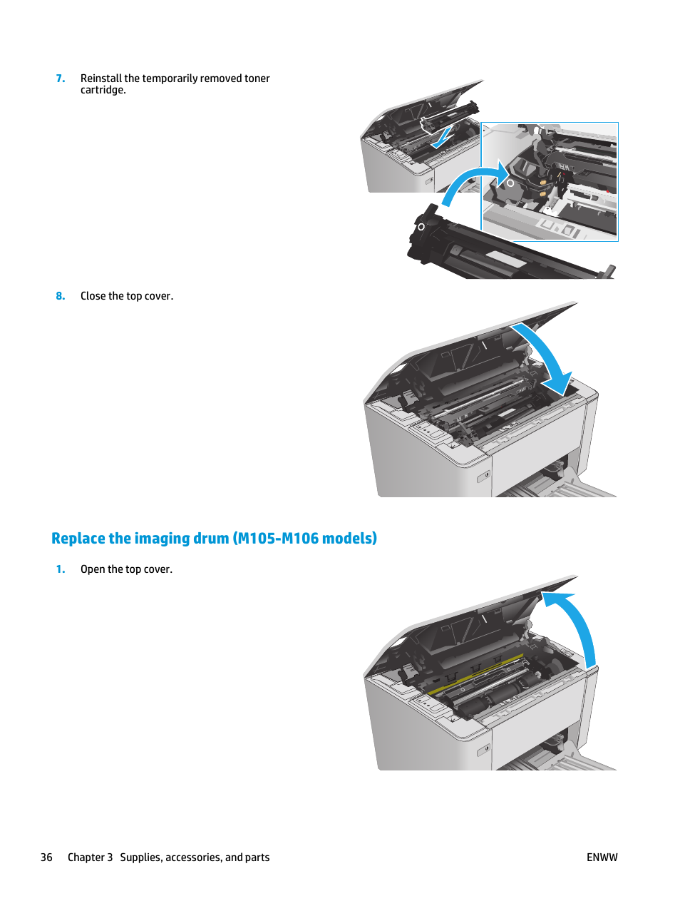 Replace the imaging drum (m105-m106 models) | HP LaserJet Ultra M106w User  Manual | Page 46 / 110