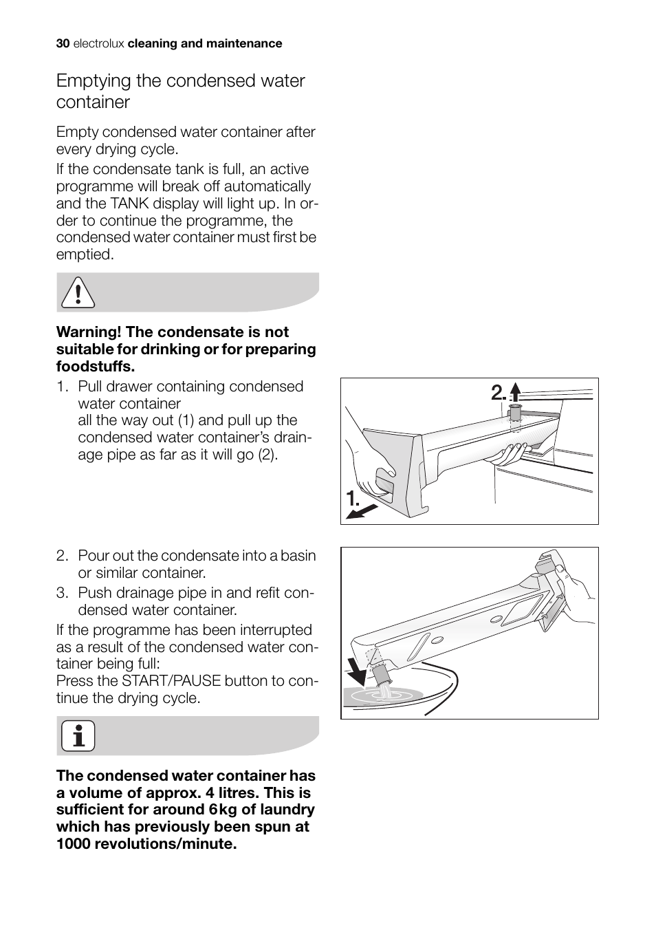 Emptying the condensed water container | Electrolux EDI 96150 W User Manual  | Page 30 / 48 | Original mode