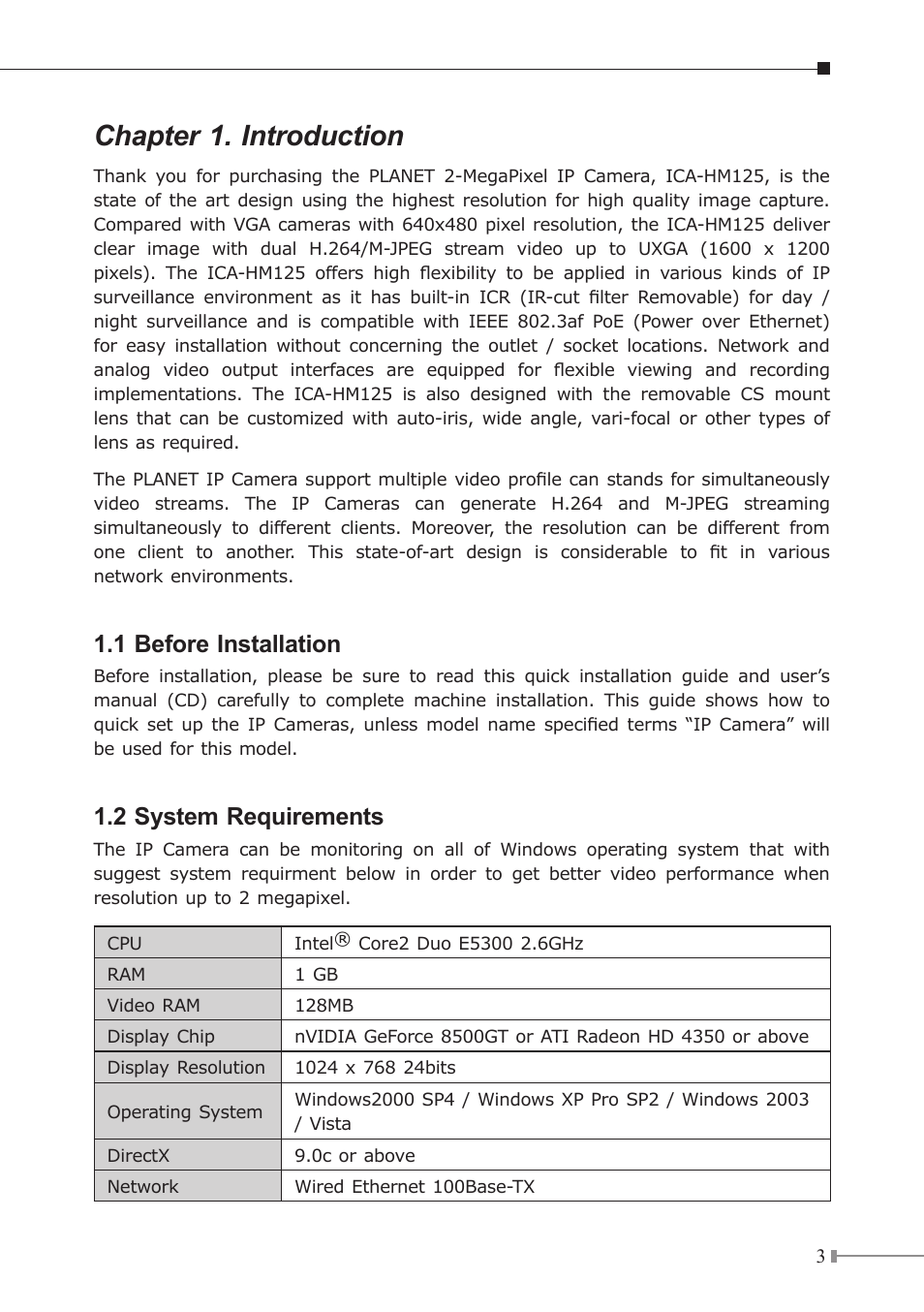 Chapter 1. introduction, 1 before installation, 2 system requirements |  PLANET ICA-HM125 User Manual | Page 3 / 12 | Original mode
