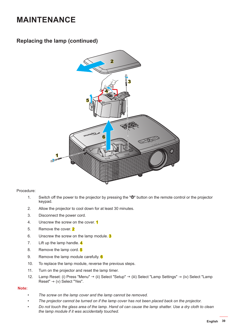 Maintenance, Replacing the lamp (continued) | Optoma HD142X User Manual |  Page 39 / 55