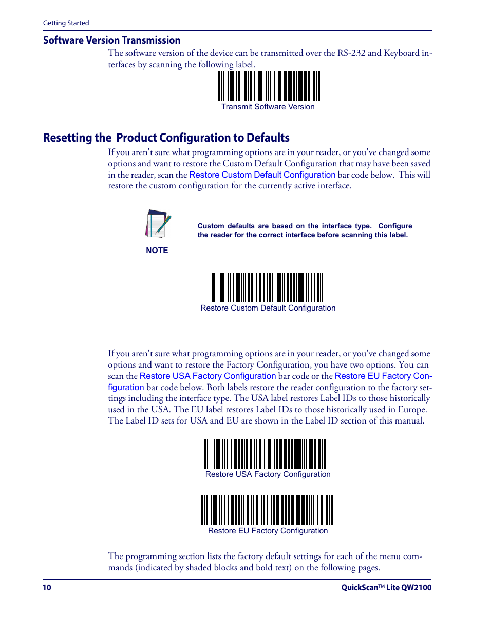 Software version transmission, Resetting the product configuration to  defaults, G bar code labels, like | Datalogic QuickScan Lite QW2100 User  Manual | Page 20 / 324