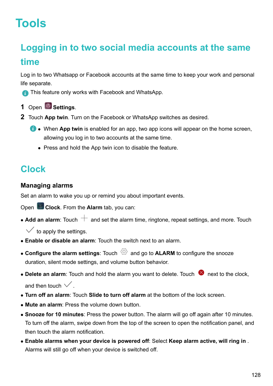 Tools, Clock, Managing alarms | Huawei P10 User Manual | Page 134 / 158