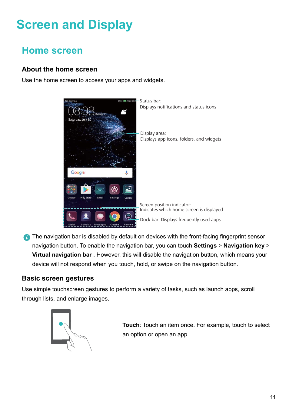 Screen and display, Home screen, About the home screen | Huawei P10 User  Manual | Page 17 / 158